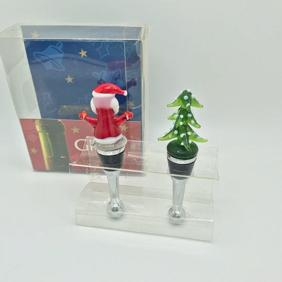 Jolly Wine Bottle Stoppers Christmas Art Glass Santa & Christmas Tree New! - Picture 3 of 5